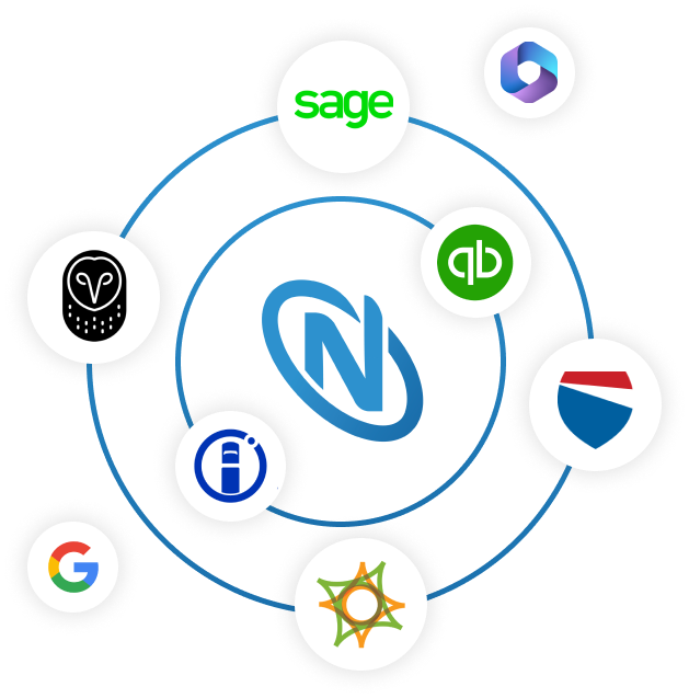 The Nutech icon logo surrounded by icon logos of our various integration partners