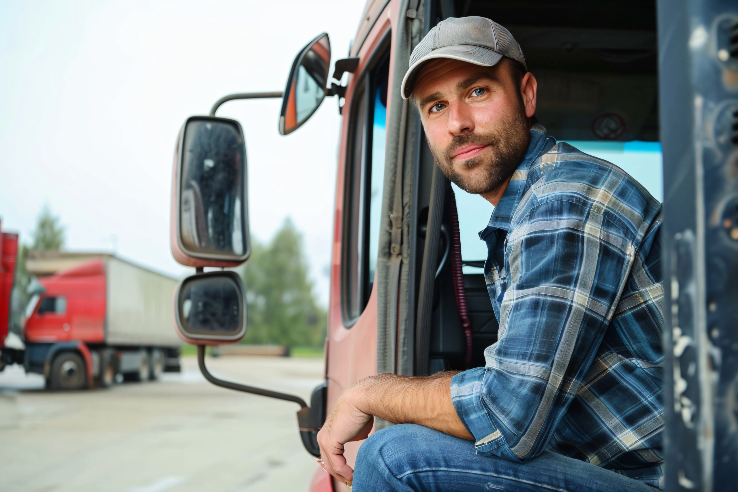 Young Man Working as A Truck Driver Sitting In Semi Truck