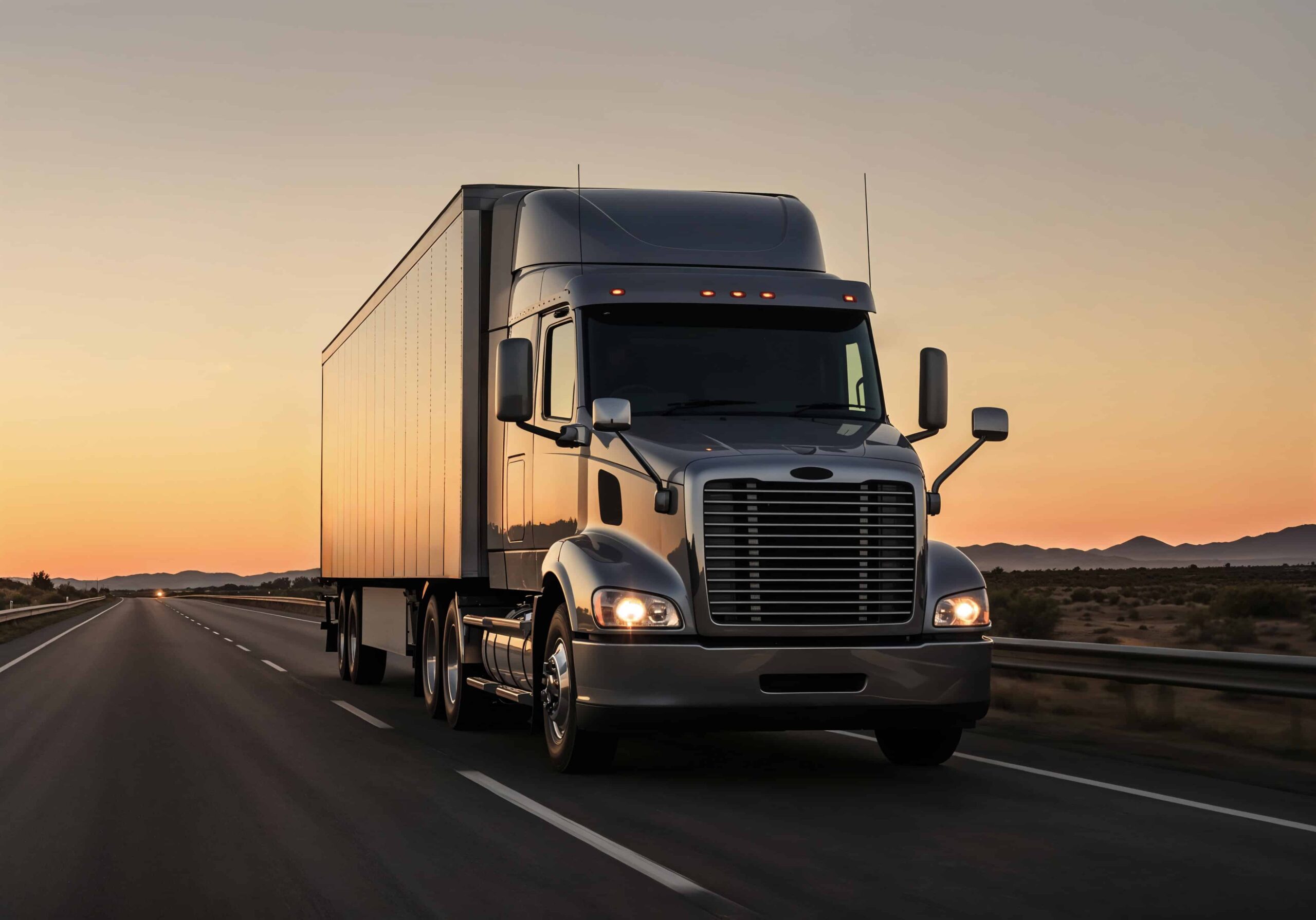 Semi truck on highway during sunset
