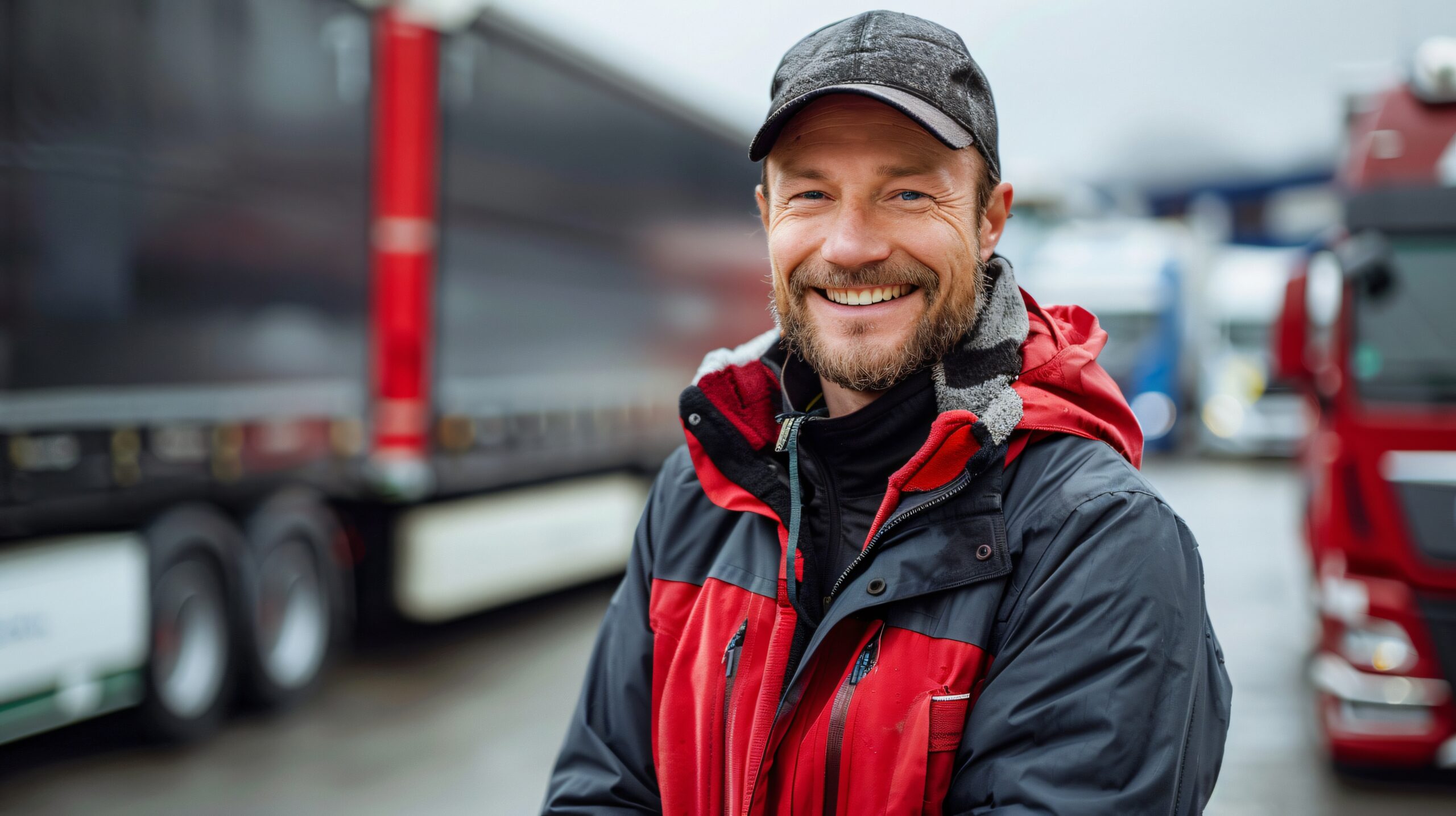 Smiling truck driver during the winter in front of semi trucks