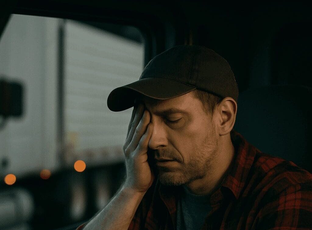 Upset Truck Driver Sitting in a Dark Truck Cab